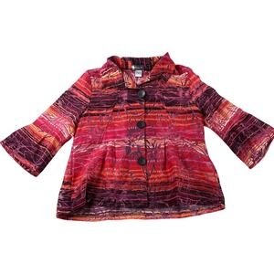 Damee Top Womens S Button Up Colorful Boxy Wire Collar Semi Sheer Artsy Tropical